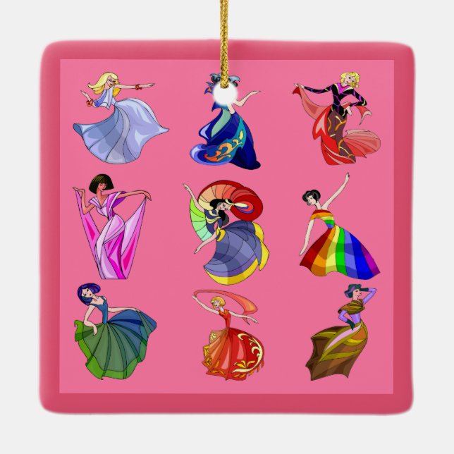 Dancing Rainbow Princesses popular pink Ceramic Ornament (Back)