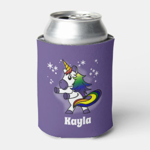 Dancing Rainbow Unicorn with Starry Purple Sky Can Cooler