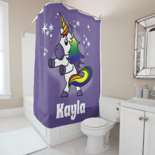 Dancing Rainbow Unicorn with Starry Purple Sky Shower Curtain