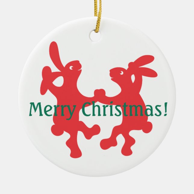 Dancing Red Bunnies Christmas Ornament (Front)