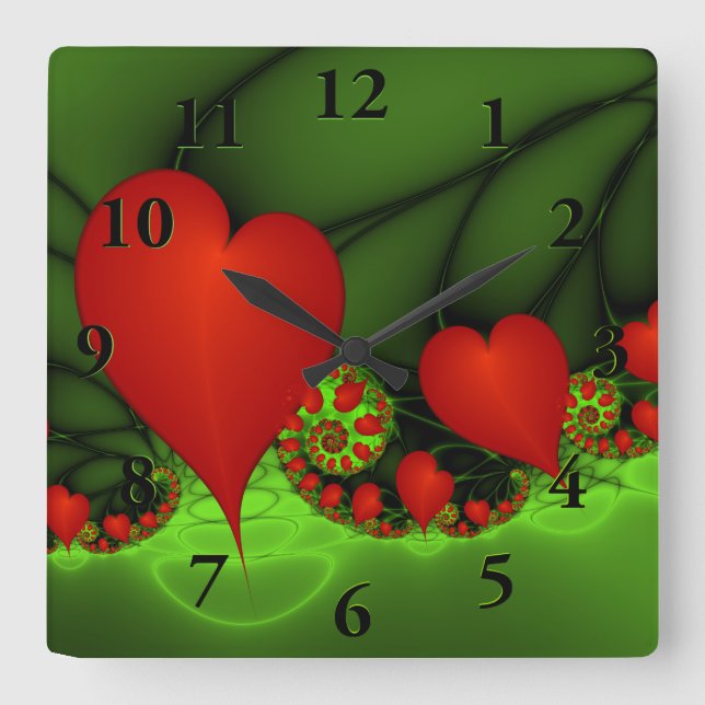 Dancing Red Hearts Modern Abstract Fractal Art Square Wall Clock (Front)