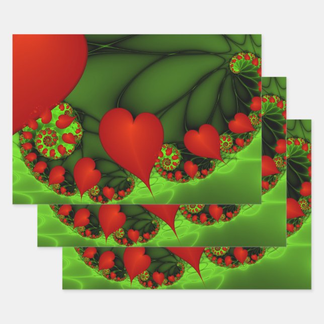 Dancing Red Hearts Modern Abstract Fractal Art Wrapping Paper Sheet (Set)