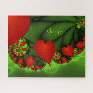 Dancing Red Hearts Modern Abstract Fractal Name Jigsaw Puzzle