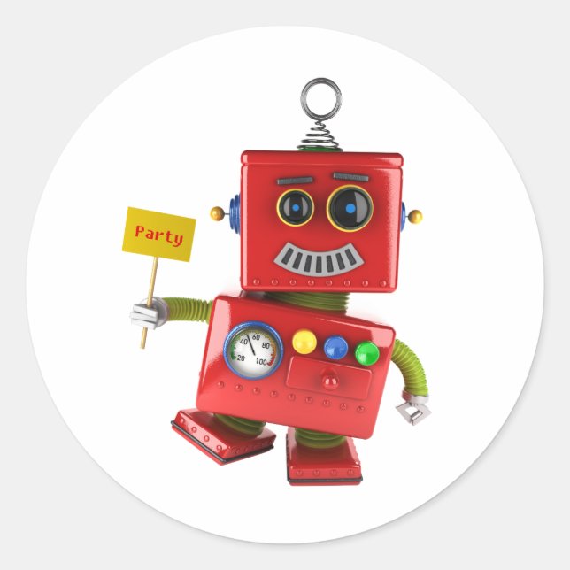 Dancing red toy robot with party sign classic round sticker (Front)
