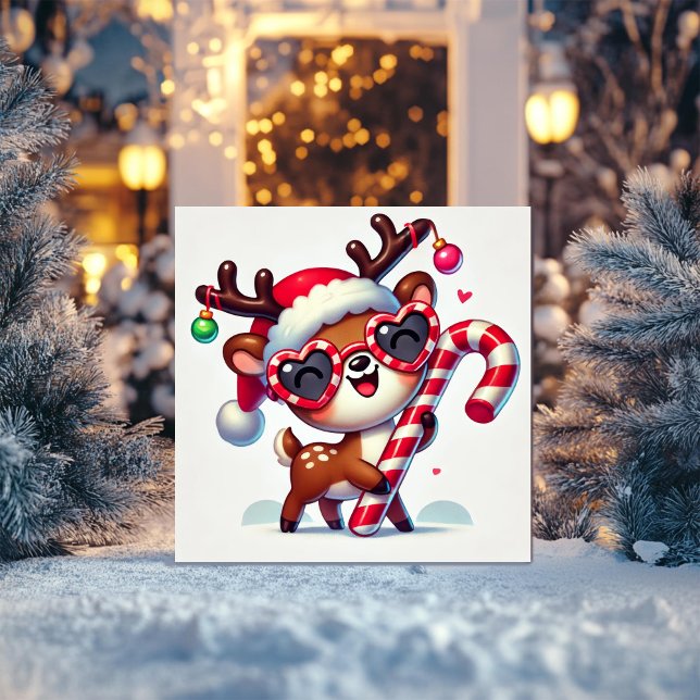 Dancing Reindeer with Candy Cane and Heart Glasses Holiday Card (Creator Uploaded)