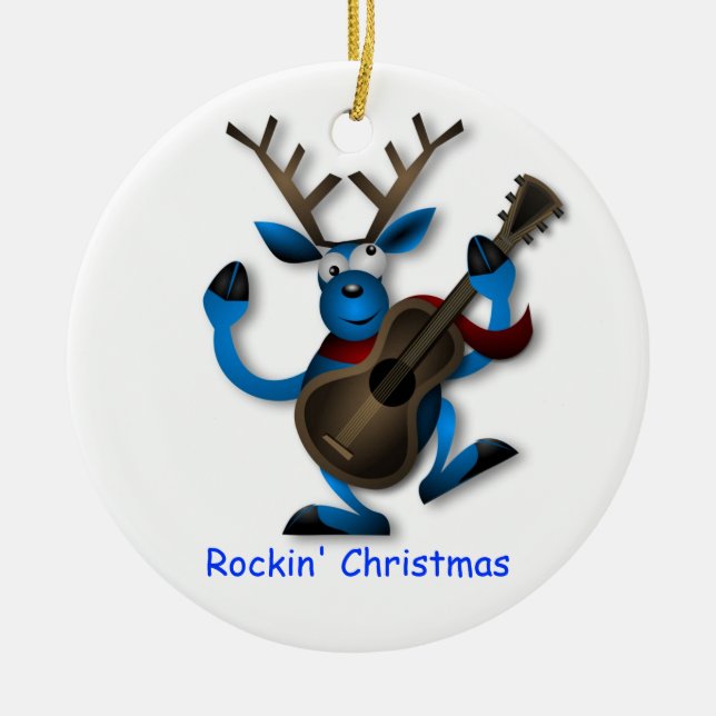 Dancing Reindeer with Guitar Rockin' Christmas Ceramic Ornament (Front)