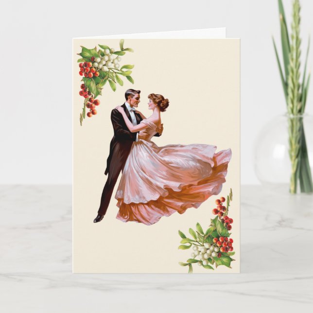 Dancing Romantic Couple with Mistletoe & Holly Card (Front)