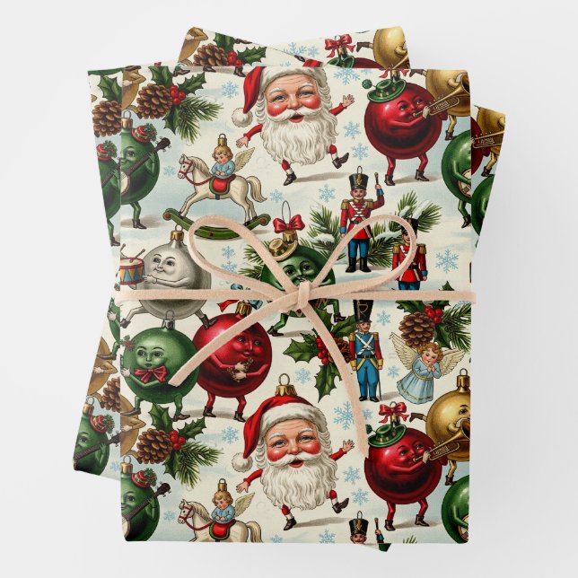 Dancing Santa's and Magical Ornaments Wrapping Paper Sheet (In situ)