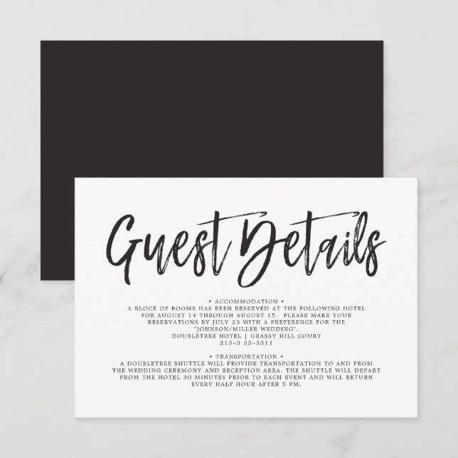 Dancing Script Black | White Wedding Guest Details Invitation (Front/Back)