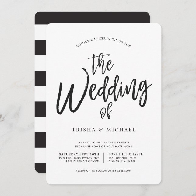 Dancing Script Black|White Wedding Striped Back Invitation (Front/Back)