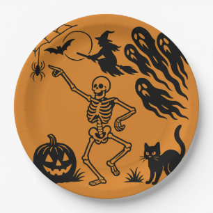 Dancing Skeleton & Black Cat Halloween Paper Plate