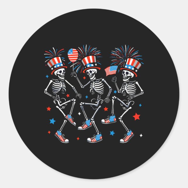 Dancing Skeleton Funny Independence Day American 4 Classic Round Sticker (Front)