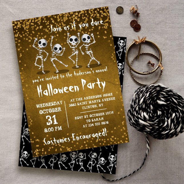 Dancing Skeleton Gold Glitter Halloween Party Invitation (Creator Uploaded)