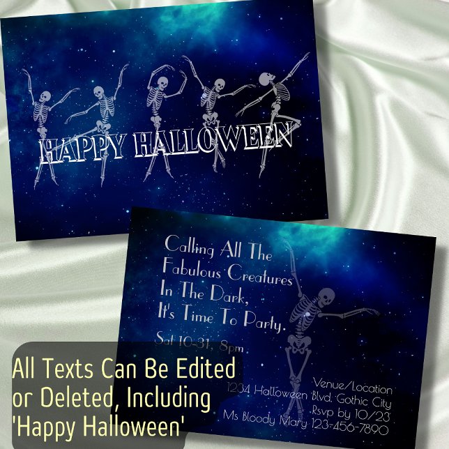 Dancing Skeleton Halloween Party Dance Party Blue Invitation (Creator Uploaded)