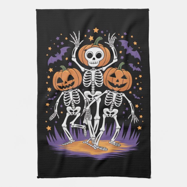 Dancing Skeleton Halloween Pumpkin  Tea Towel (Vertical)