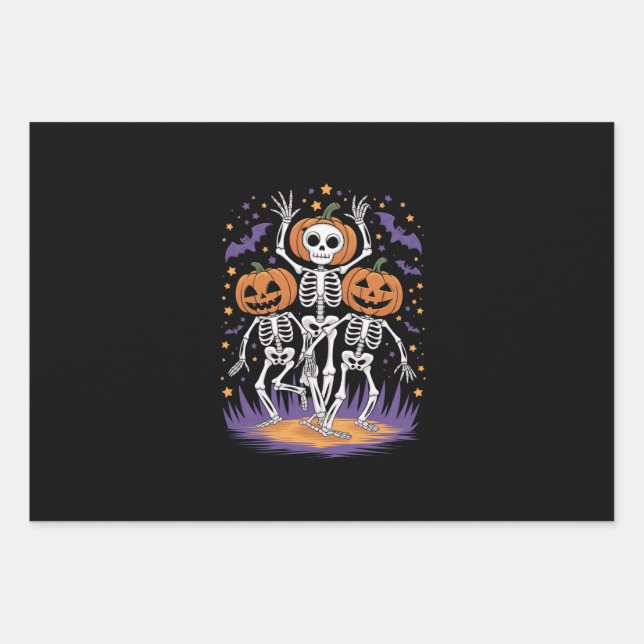 Dancing Skeleton Halloween Pumpkin  Wrapping Paper Sheet (Front)