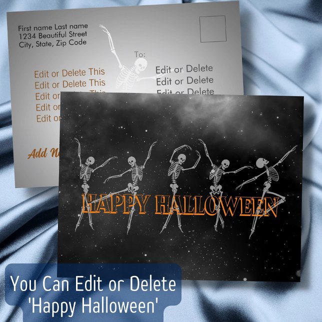 Dancing Skeleton Happy Halloween Black and White Postcard (Creator Uploaded)