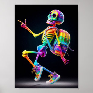 Dancing skeleton in rainbow colours poster