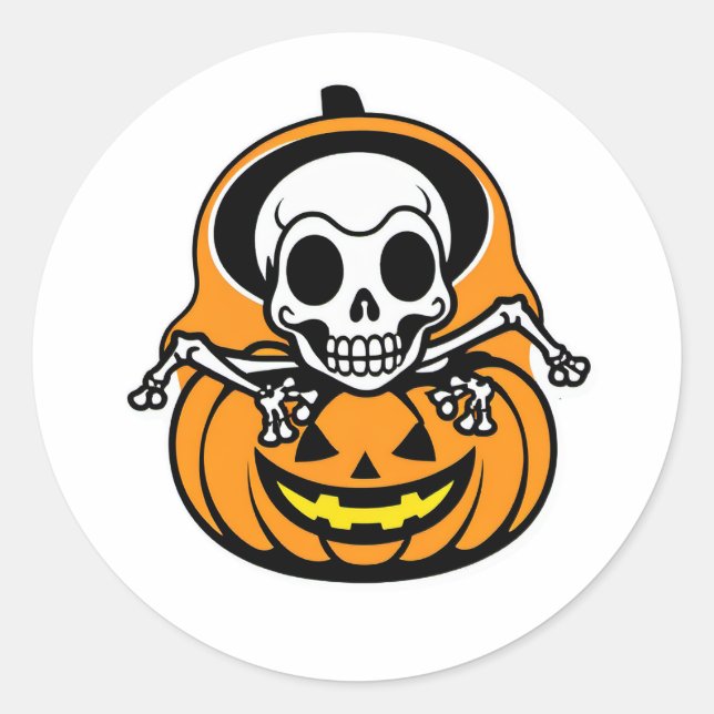 Dancing Skeleton Mage on Pumpkin Lantern Classic Round Sticker (Front)