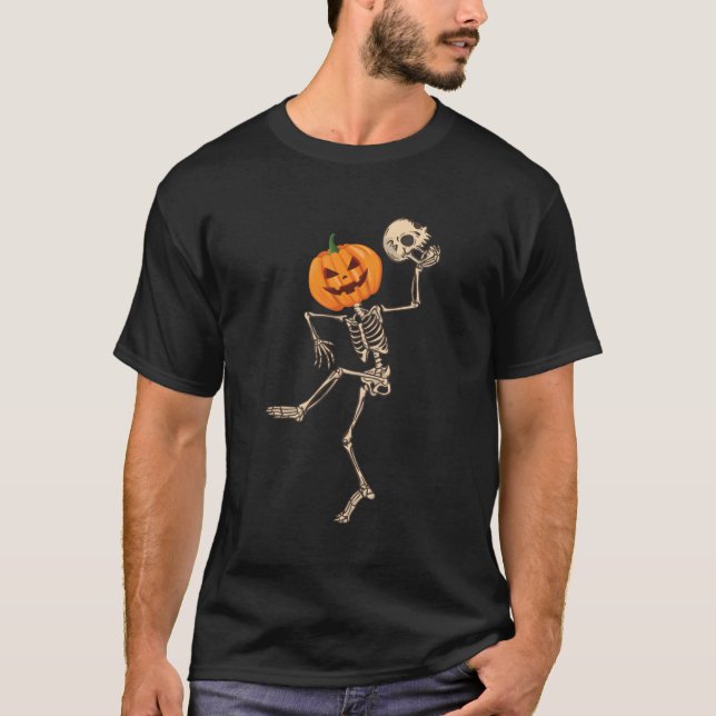 Dancing Skeleton Pumpkin Head Halloween Skull T-Shirt (Front)