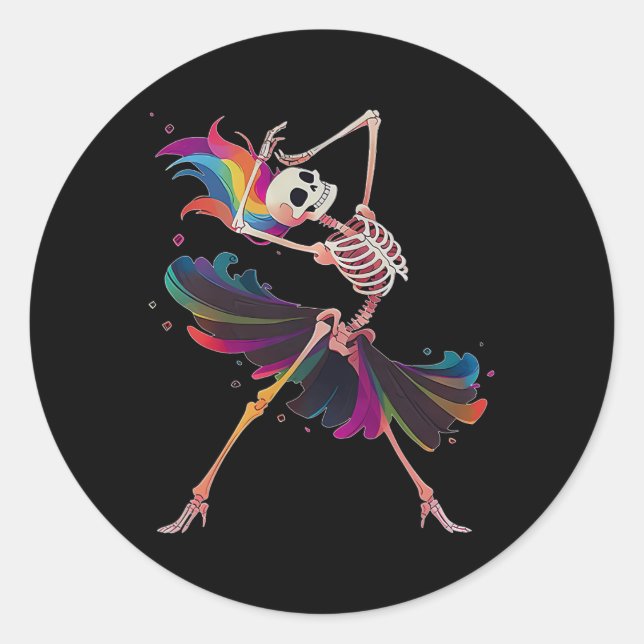 Dancing Skeleton Rainbow Ballerina Halloween  Classic Round Sticker (Front)