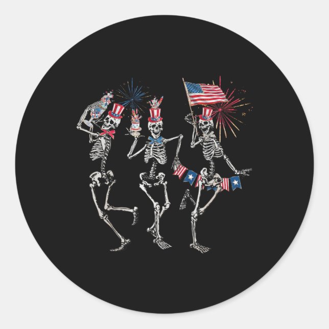 Dancing Skeleton Us Flag 4th Of July Fireworks Pat Classic Round Sticker (Front)