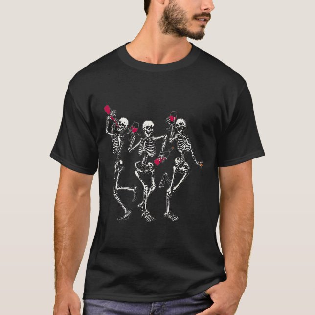 Dancing Skeletons Drinking Wine Lover Funny Hallow T-Shirt (Front)
