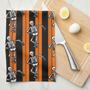 Dancing Skeletons Halloween Striped Tea Towel