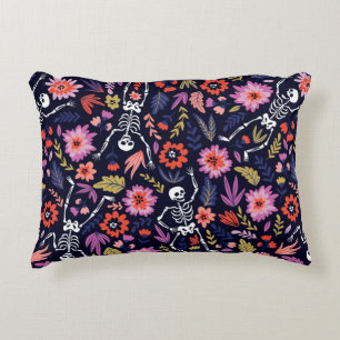 Dancing skeletons in the floral garden pattern decorative cushion