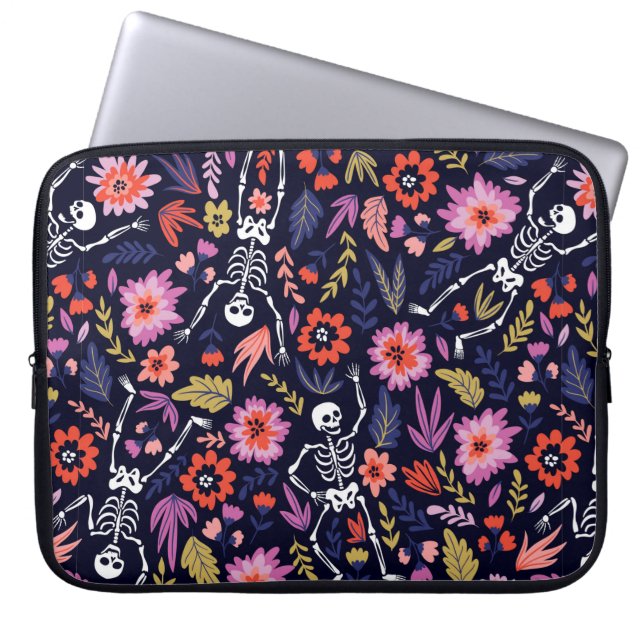 Dancing skeletons in the floral garden pattern laptop sleeve (Front)