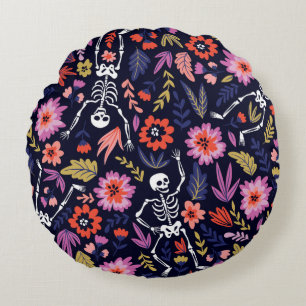 Dancing skeletons in the floral garden pattern round cushion