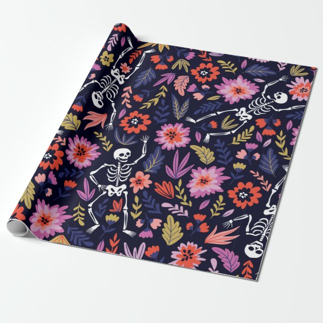Dancing skeletons in the floral garden pattern wrapping paper (Unrolled)
