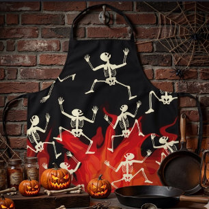 Dancing Skeletons On Fire Flames For Halloween Apron