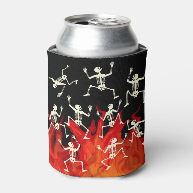 Dancing Skeletons On Fire Flames For Halloween Can Cooler (Can Front)