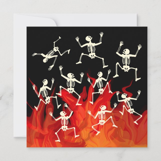 Dancing Skeletons On Fire Flames For Halloween Card (Front)