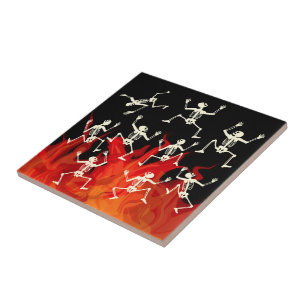 Dancing Skeletons On Fire Flames For Halloween Ceramic Tile