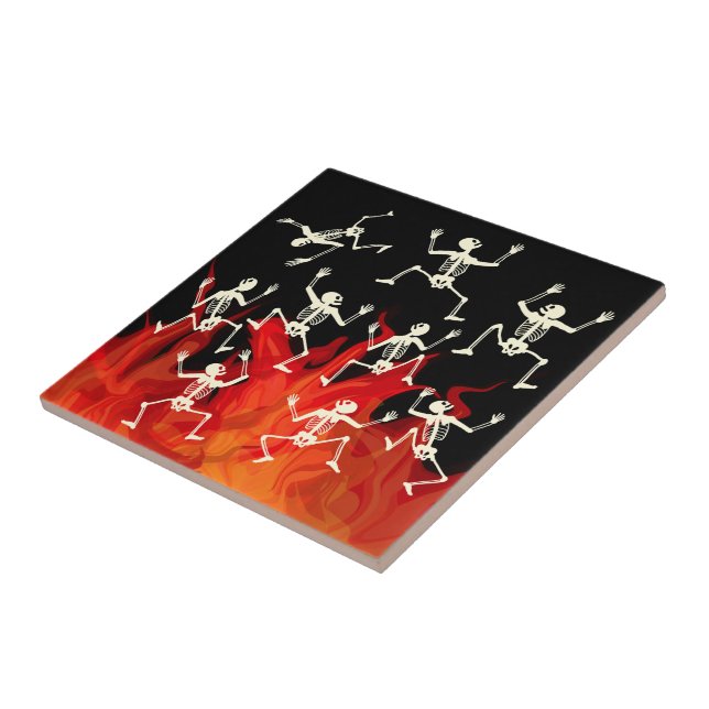 Dancing Skeletons On Fire Flames For Halloween Ceramic Tile (Side)