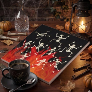 Dancing Skeletons On Fire Flames For Halloween Ceramic Tile