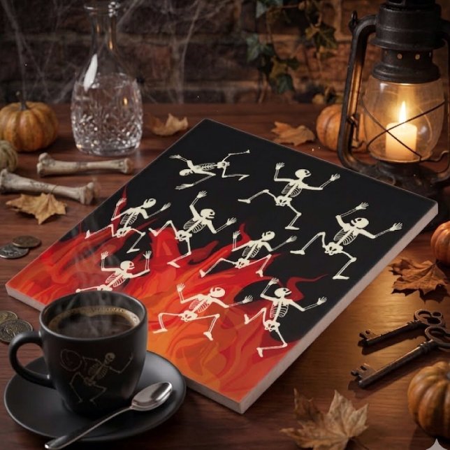Dancing Skeletons On Fire Flames For Halloween Ceramic Tile (Creator Uploaded)