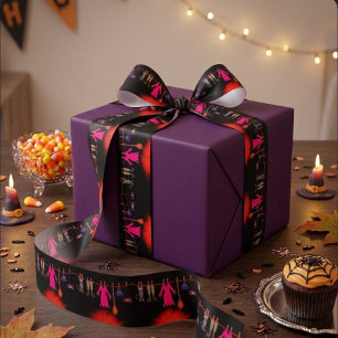 Dancing Skeletons On Fire Flames For Halloween Satin Ribbon