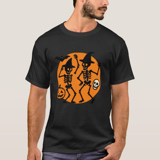 Dancing Skeletons Pumpkin Halloween Vibes T-Shirt (Front)