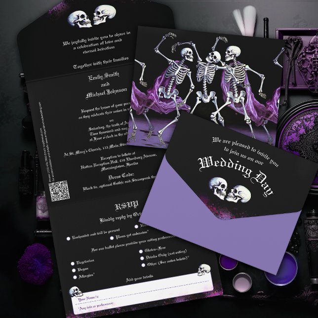 Dancing Skeletons Purple Gothic Wedding Invitation (Purple Gothic Wedding Invitations to set the scene at your Gothic Gathering. Perfect for steampunk.)