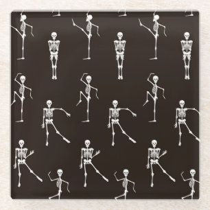 Dancing Skeletons: Quirky Seamless Background Glass Coaster