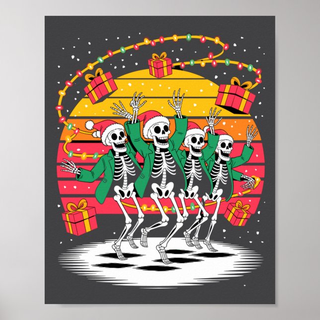 Dancing Skeletons With Santa Hats Christmas Lights Poster (Front)