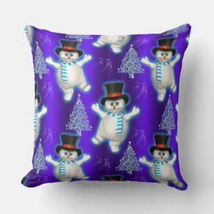 Dancing Snowman Christmas Blue Cushion