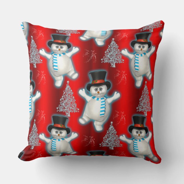 Dancing Snowman Christmas Red Cushion (Front)
