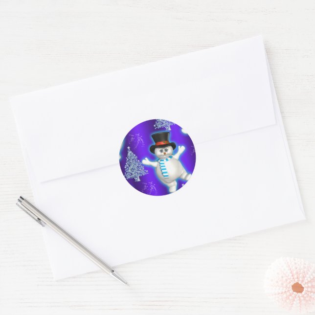 Dancing Snowman on Blue Christmas Classic Round Sticker (Envelope)