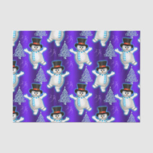 Dancing Snowmen on Blue Christmas Tissue Paper