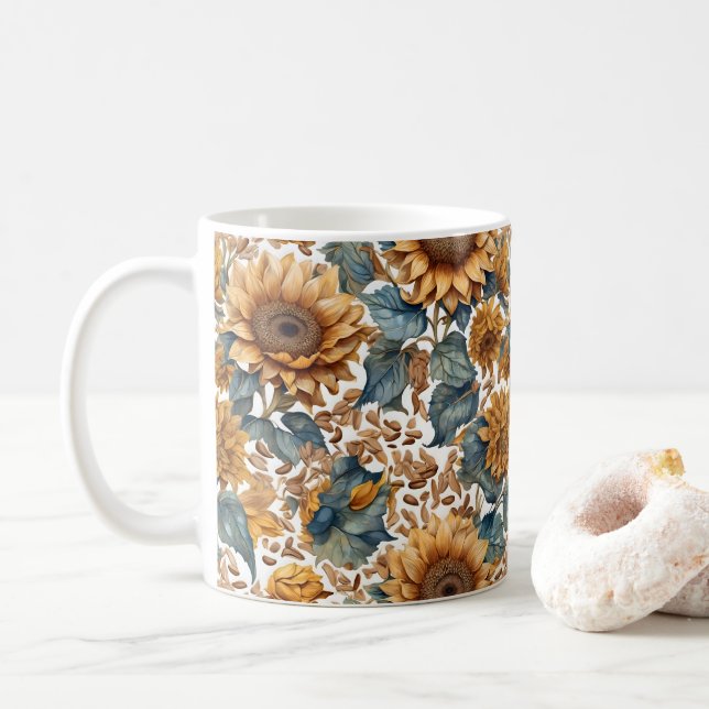 Dancing Sunflowers Pattern Design Coffee Mug (With Donut)