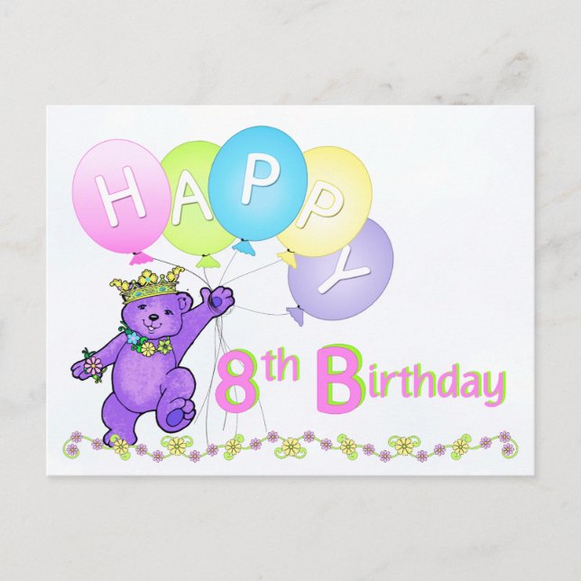 Dancing Teddy Bear 8th Birthday Postcard (Front)